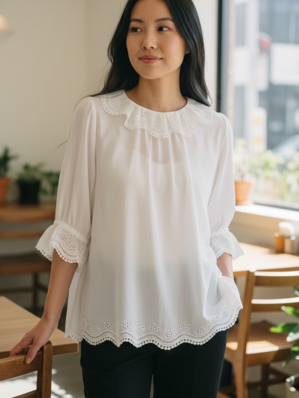 Rungolee Embroidered Lace Peasant Top Ivory Size XL
